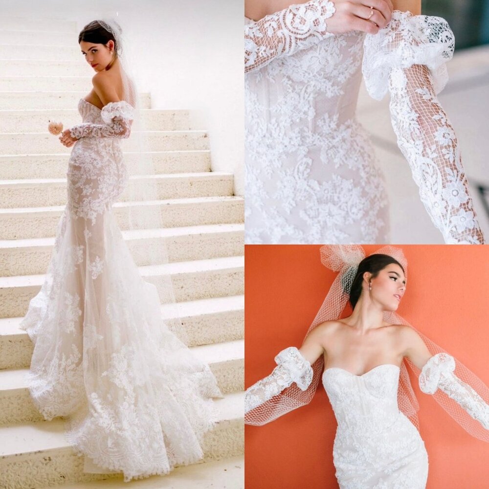 WATTERS Wedding Dress Gown Liv #63701B Size 10 Ivory Blush Lace Gloves Unaltered